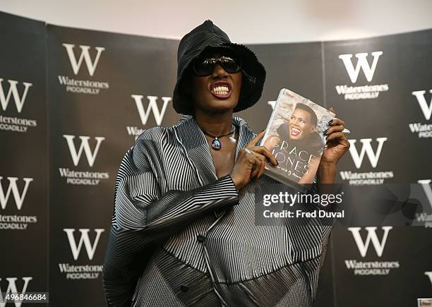 Grace Jones meets fans and signs Copies of her book " I'll Never Write My Memoirs" at Waterstones, Piccadilly on November 12, 2015 in London, England.
