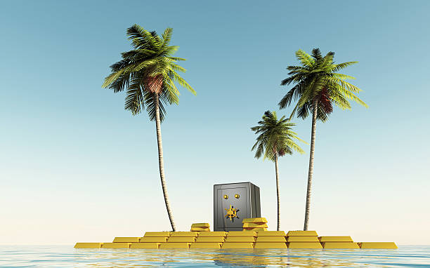 island made of gold bars with palms and a safe - free gold bars pic stock pictures, royalty-free photos & images