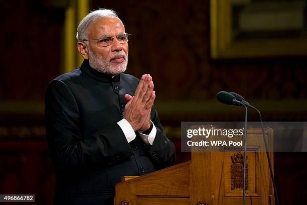 Indian Prime Minister Narendra Modi delivers a speech in the Royal Gallery in the Houses of Parliament during an official three day visit on November...