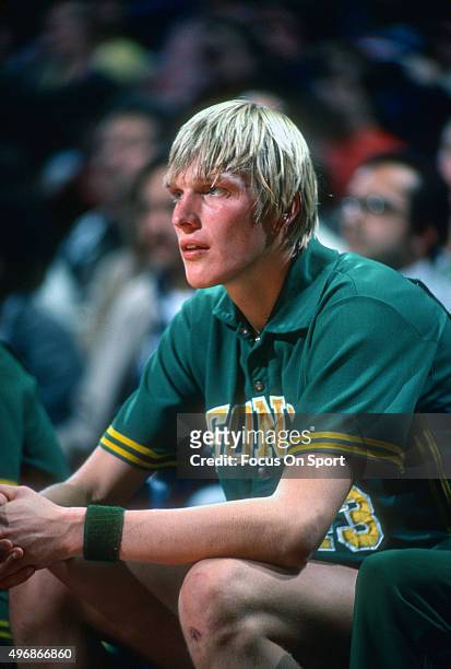 Jack Sikma of the Seattle Supersonics looks on from the bench against the Washington Bullets during an NBA basketball game circa 1977 at the Capital...