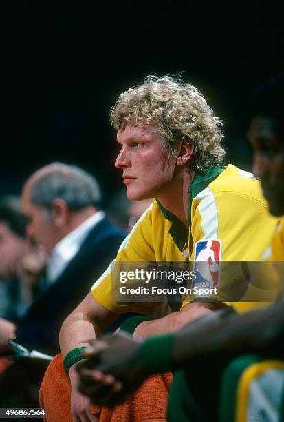 Jack Sikma of the Seattle Supersonics looks on from the bench against the Washington Bullets during an NBA basketball game circa 1982 at the Capital...