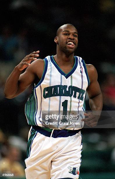 Baron Davis of the Charlotte Hornets runs on the court during the game against the Dallas Mavericks at the Charlotte Coliseum in Charlotte, North...