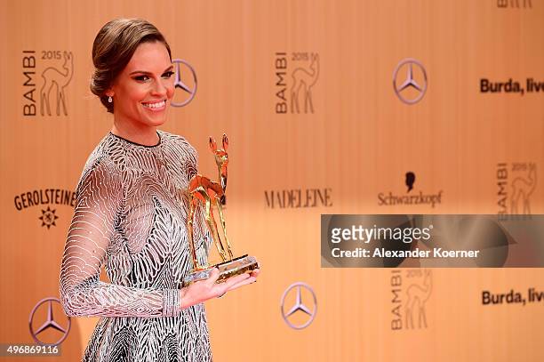 Hilary Swank is seen with her award at the Bambi Awards 2015 winners board at Stage Theater on November 12, 2015 in Berlin, Germany.