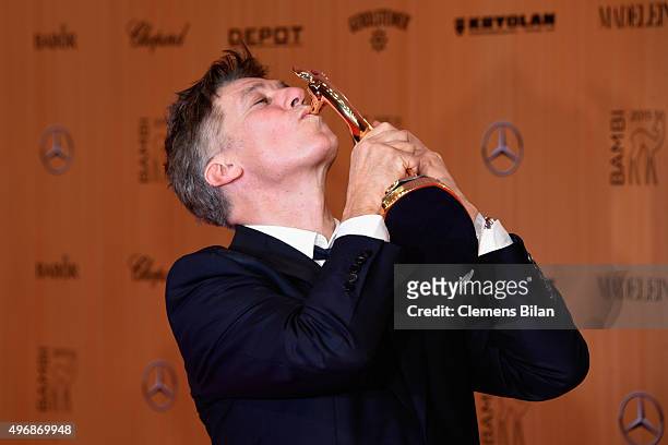 Tobias Moretti is seen with his award at the Bambi Awards 2015 winners board at Stage Theater on November 12, 2015 in Berlin, Germany.
