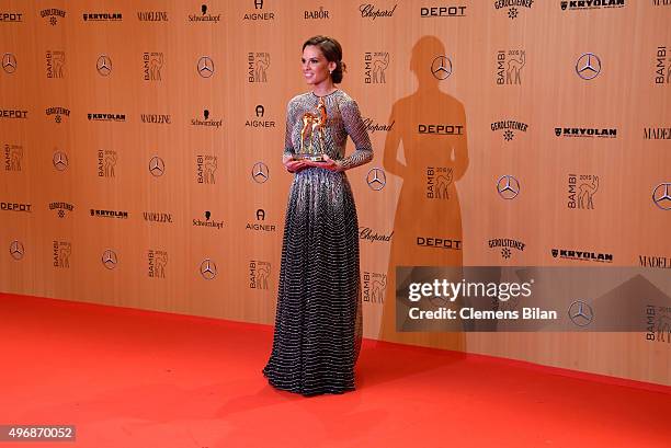 Hilary Swank is seen with her award at the Bambi Awards 2015 winners board at Stage Theater on November 12, 2015 in Berlin, Germany.