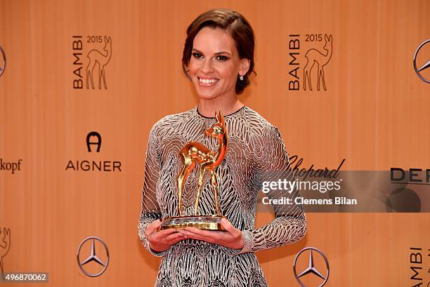 Hilary Swank is seen with her award at the Bambi Awards 2015 winners board at Stage Theater on November 12, 2015 in Berlin, Germany.