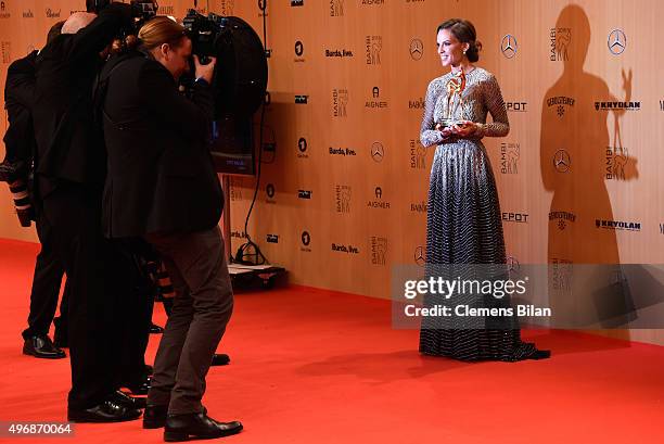 Hilary Swank is seen with her award at the Bambi Awards 2015 winners board at Stage Theater on November 12, 2015 in Berlin, Germany.