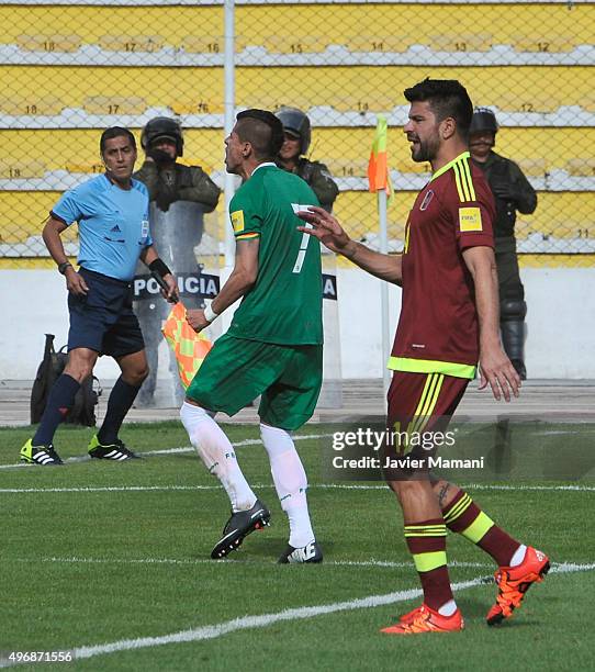 Juan Carlos Arce of Bolivia celebrates after scoring the second goal of his team during a match between Bolivia and Venezuela as part of FIFA 2018...