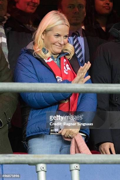 Crown Princess Mette-Marit of Norway attends the Play Off Game Between Norway and Hungary on November 12, 2015 in Oslo, Norway.