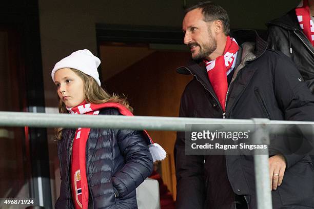 Princess Ingrid Alexandra of Norway and Crown Prince Haakon of Norway attend the Play Off Game Between Norway and Hungary on November 12, 2015 in...
