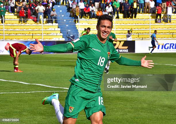 Rodrigo Ramallo of Bolivia celebrates after scoring the third goal of his team during a match between Bolivia and Venezuela as part of FIFA 2018...