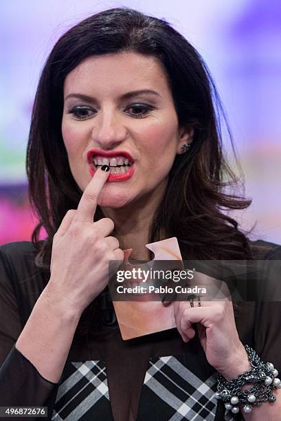 Singer Laura Pausini attends El Hormiguero Tv Show at Vertice Studio on November 12, 2015 in Madrid, Spain.