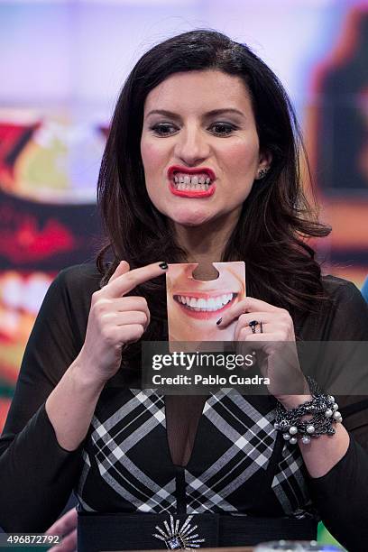 Singer Laura Pausini attends El Hormiguero Tv Show at Vertice Studio on November 12, 2015 in Madrid, Spain.