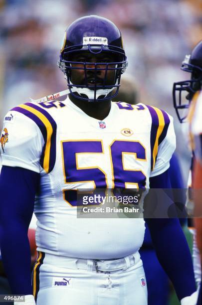 Chris Doleman of the Minnesota Vikings looks on the field during a game against the Green Bay Packers at the Lambeau Field in Green Bay, Wisconsin....