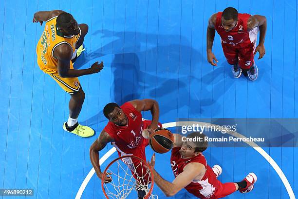 Boulazac, FRANCE Stanko Barac , Jamel McLean, Oliver Lafayette for EA7 Emporio Armani Milan and Frejus Zerbo for CSP Limoges in action during the...