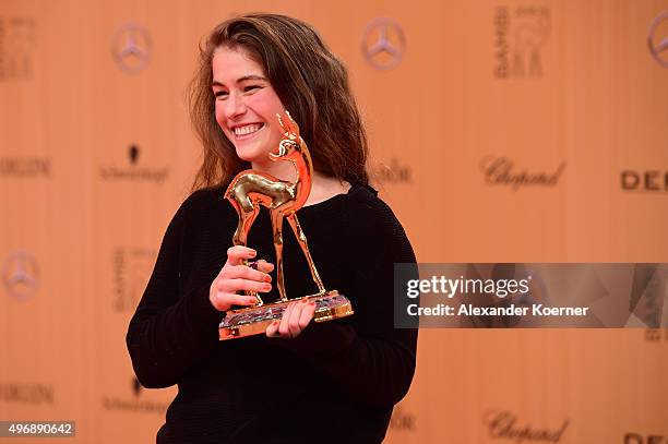 Henriette Confurius is seen with her award at the Bambi Awards 2015 winners board at Stage Theater on November 12, 2015 in Berlin, Germany.