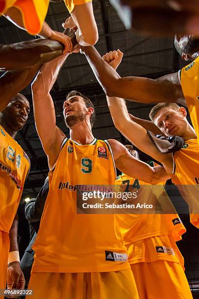 Leo Westermann, #9 of Limoges CSP celebrate at the end of the Turkish Airlines Euroleague Regular Season date 5 game between Limoges CSP v EA7...