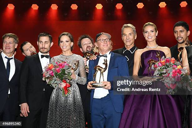 Tobias Moretti, Clemens Schick, Hilary Swank, Sebastian Krumbiegel, Otto Waalkes, Wolfgang Joop, Heidi Klum and Andreas Bourani on stage after the...