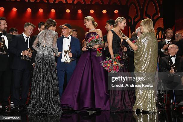 Sebastian Krumbiegel, Tobias Moretti, Clemens Schick, Hilary Swank, Otto Waalkes, Heidi Klum and Andreas Bourani on stage after the Bambi Awards 2015...