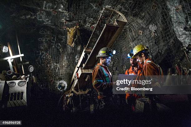 Contractors work at the underground Glencore Plc Bracemac-McLeod zinc mine in Malartic, Quebec, Canada, on Friday, Sept. 11, 2015. After tumbling in...