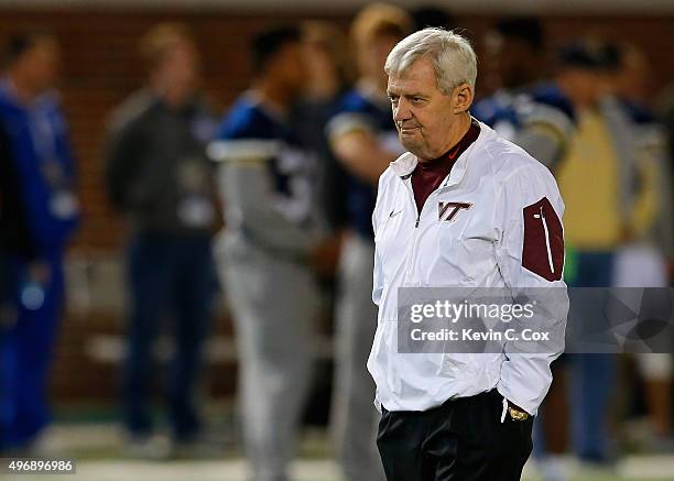 Head coach Frank Beamer of the Virginia Tech Hokies looks on during pregame warmups prior to facing the Georgia Tech Yellow Jackets at Bobby Dodd...