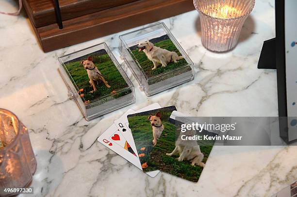 Products from Drew Barrymore's curated Shutterfly collection on display during a holiday gifting event at Hudson Hotel on November 12, 2015 in New...
