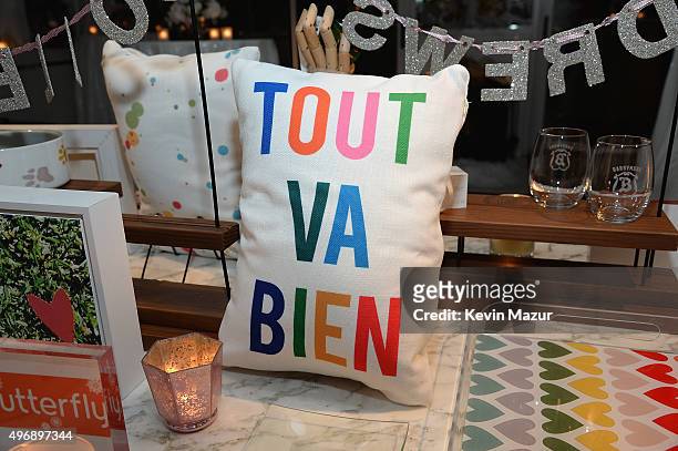 Products from Drew Barrymore's curated Shutterfly collection on display during a holiday gifting event at Hudson Hotel on November 12, 2015 in New...
