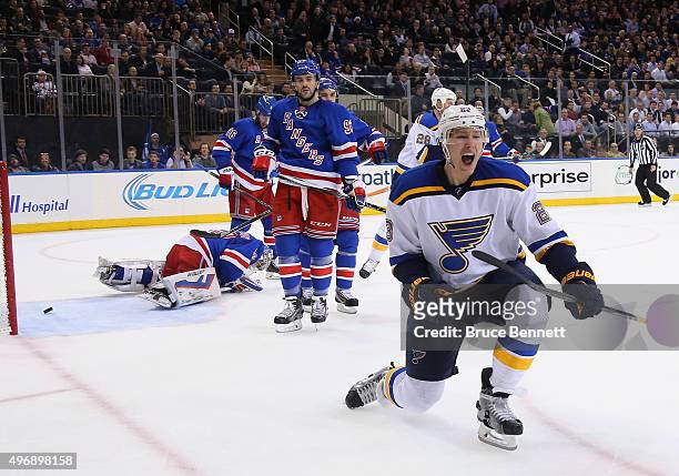 Dmitrij Jaskin of the St. Louis Blues celebrates his goal at 16:40 of the first period against the New York Rangers at Madison Square Garden on...