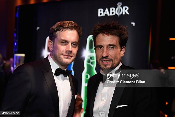 Sebastian Bezzel and Oliver Mommsen attend the Bambi Awards 2015 party at Atrium Tower on November 12, 2015 in Berlin, Germany.