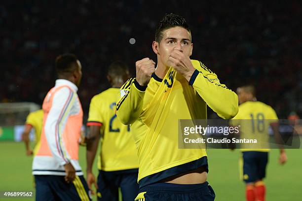 James Rodriguez of Colombia celebrates after scoring the first goal of his team during a match between Chile and Colombia as part of FIFA 2018 World...