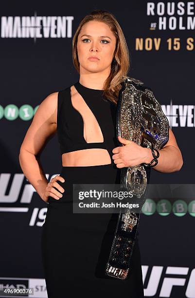 Women's bantamweight champion Ronda Rousey of the United States poses for photos during the UFC 193 Ultimate Media Day festivities at Etihad Stadium...