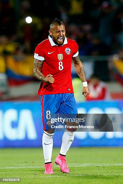 Arturo Vidal of Chile celebrates after scoring the first goal of his team during a match between Chile and Colombia as a part of FIFA 2018 World Cup...