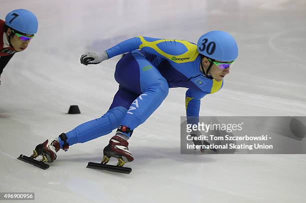 Denis Nikisha of Kazakhstan competes on Day 1 of the ISU World Cup Short Track Speed Skating competition at MasterCard Centre on November 7, 2015 in...