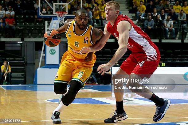 Will Daniels for CSP Limoges and Robbie Hummel for EA7 Emporio Armani Milan in action during the Turkish Airlines Euroleague regular season date 5...