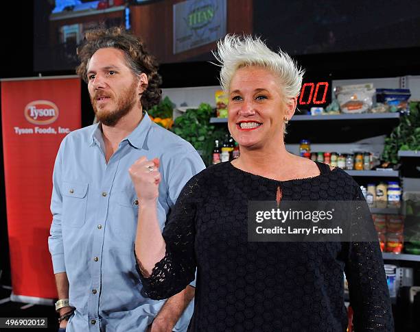 Chef Spike Mendelsohn and Chef Anne Burrell on stage at DC Central Kitchen's Capital Food Fight at the Ronald Reagan Building on November 12, 2015 in...