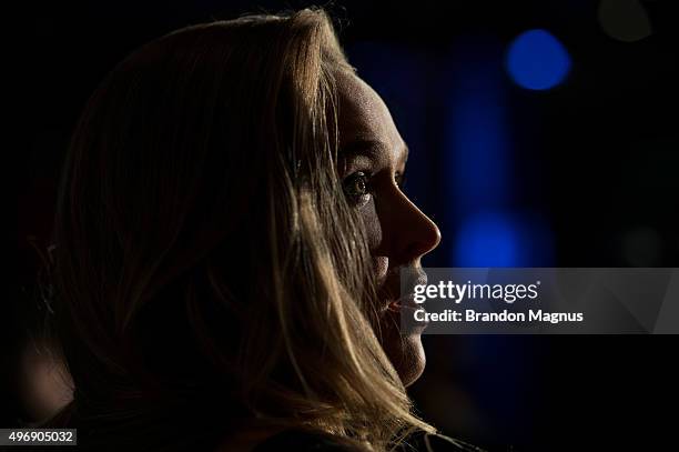 Women's bantamweight champion Ronda Rousey of the United States speaks to the media during the UFC 193 Ultimate Media Day festivities at Etihad...