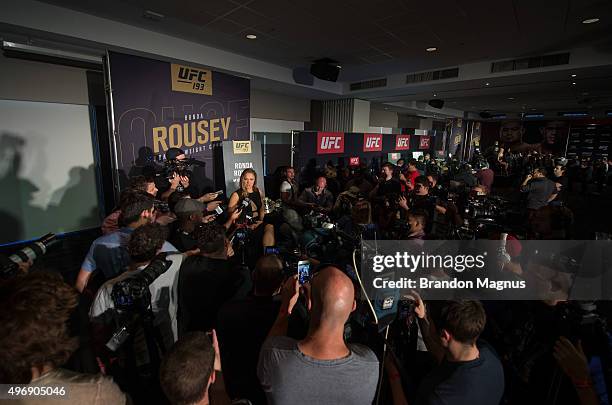 Women's bantamweight champion Ronda Rousey of the United States speaks to the media during the UFC 193 Ultimate Media Day festivities at Etihad...