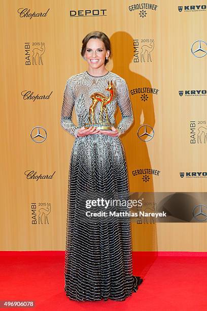 Hilary Swank poses at the Bambi Awards 2015 winners board at Stage Theater on November 12, 2015 in Berlin, Germany.