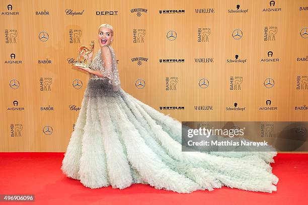 Rita Ora poses at the Bambi Awards 2015 winners board at Stage Theater on November 12, 2015 in Berlin, Germany.