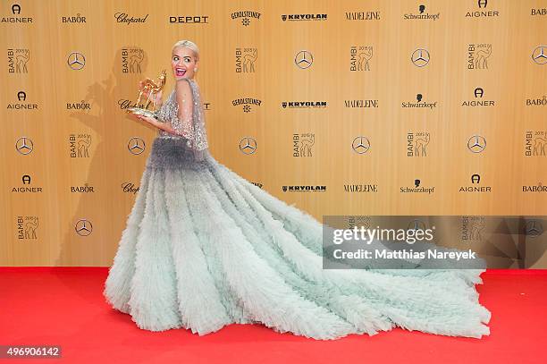 Rita Ora poses at the Bambi Awards 2015 winners board at Stage Theater on November 12, 2015 in Berlin, Germany.