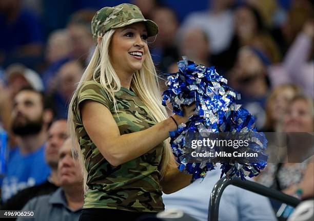 Tampa Bay Lightning cheerleader takes part in Military Appreciation Night against the Calgary Flames at the Amalie Arena on November 12, 2015 in...