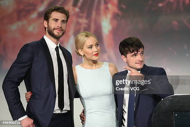 Actor Liam Hemsworth, actress Jennifer Lawrence and actor Josh Hutcherson attend 'Los Juegos Del Hambre: Sinsajo - Part 2' premiere at the Solana on...