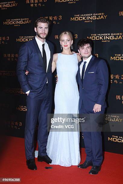 Actor Liam Hemsworth, actress Jennifer Lawrence and actor Josh Hutcherson attend 'Los Juegos Del Hambre: Sinsajo - Part 2' premiere at the Solana on...