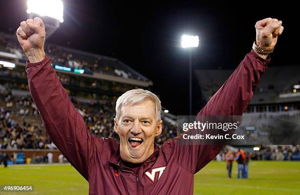 Head coach Frank Beamer of the Virginia Tech Hokies celebrates their 23-21 win over the Georgia Tech Yellow Jackets at Bobby Dodd Stadium on November...