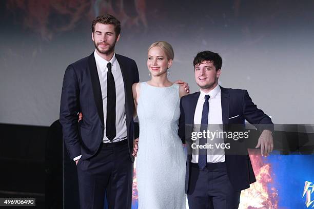 Actor Liam Hemsworth, actress Jennifer Lawrence and actor Josh Hutcherson attend 'Los Juegos Del Hambre: Sinsajo - Part 2' premiere at the Solana on...