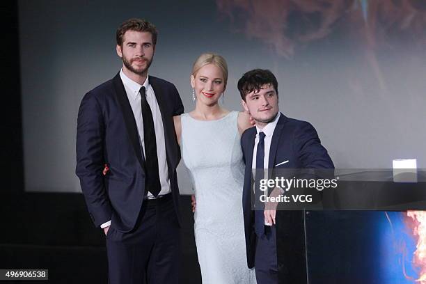 Actor Liam Hemsworth, actress Jennifer Lawrence and actor Josh Hutcherson attend 'Los Juegos Del Hambre: Sinsajo - Part 2' premiere at the Solana on...