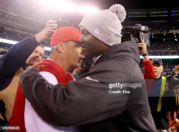 Head coach Rex Ryan of the Buffalo Bills greets head coach Todd Bowles of the New York Jets after the game on November 12, 2015 at MetLife Stadium in...