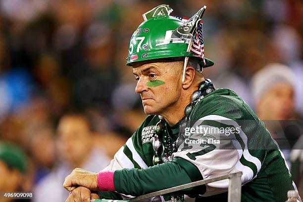 New York Jets fan looks dejected during the game against the Buffalo Bills at MetLife Stadium on November 12, 2015 in East Rutherford, New Jersey....