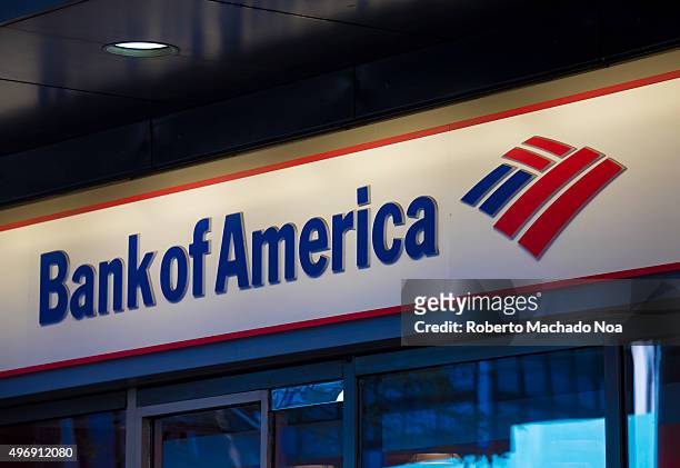 Bank of America signage and logo pictured on its building in New York City. Bank of America is an American multinational banking and financial...