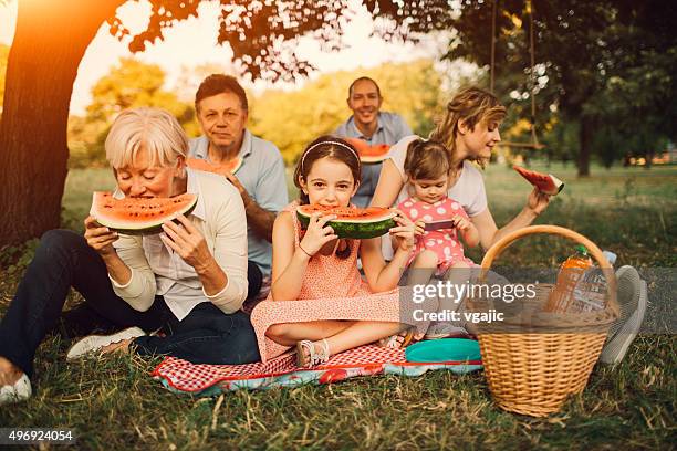 multi-generation family eating watermelon at picnic. - watermelon picnic stock pictures, royalty-free photos & images